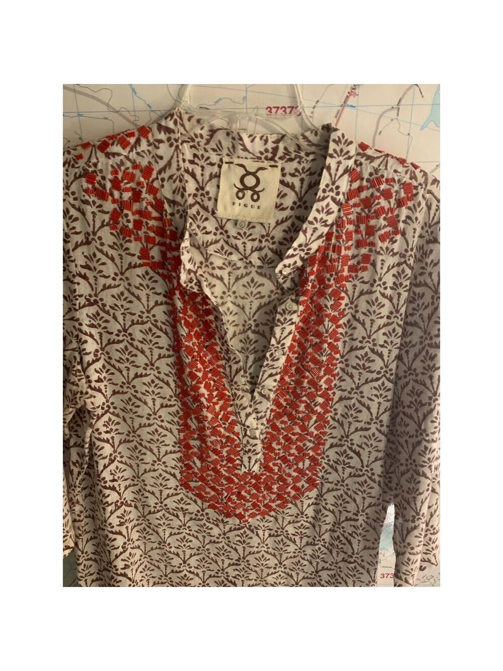 FIGUE 3/4 Sleeve Brown Leaf and Orange Beaded tunic top flaw large - Picture 13 of 15